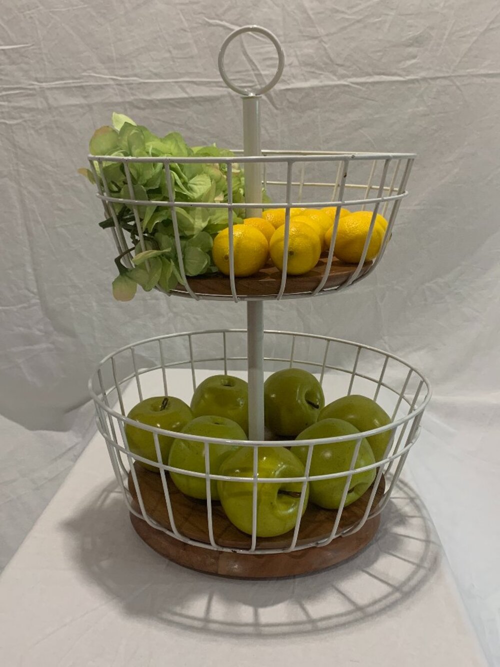 2 Tier Rotating Fruit Basket White Metal Wire Countertop Stand Lazy Susan Wood
